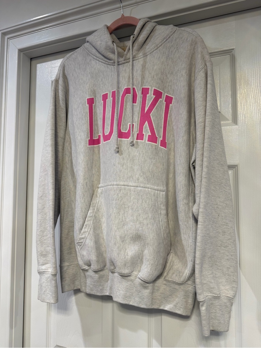 Women’s Light Gray Hoodie with Pink LUCKI Logo